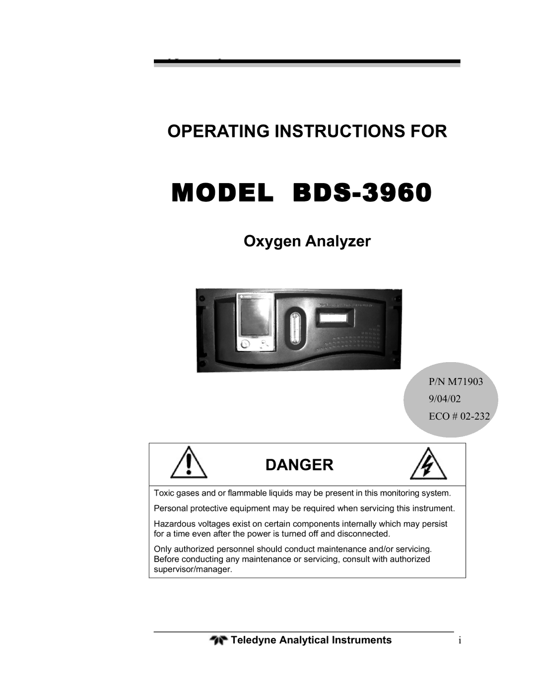 Teledyne BDS-3960 operating instructions Oxygen Analyzer, Teledyne Analytical Instruments 