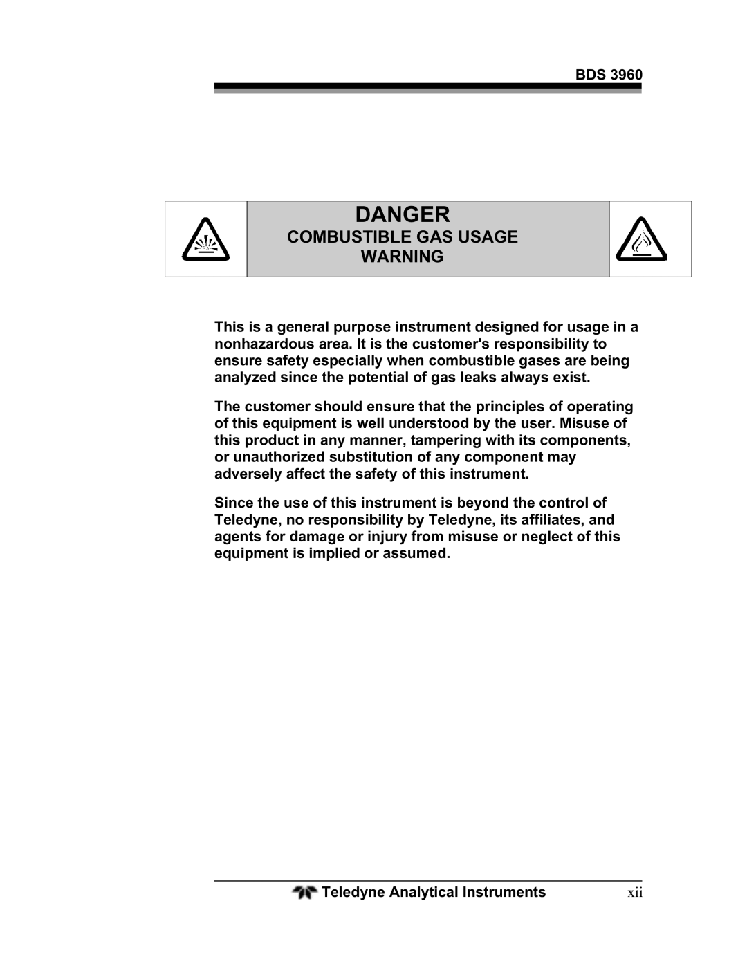 Teledyne BDS-3960 operating instructions Combustible GAS Usage, Xii 