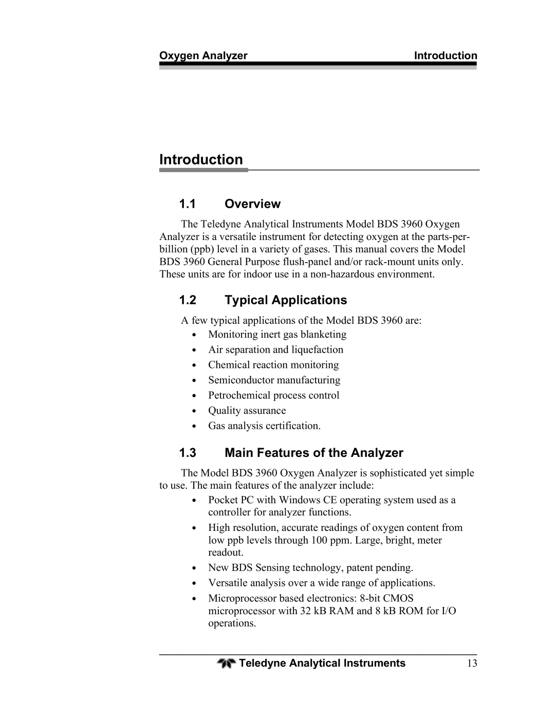 Teledyne BDS-3960 operating instructions Introduction, Overview, Typical Applications, Main Features of the Analyzer 