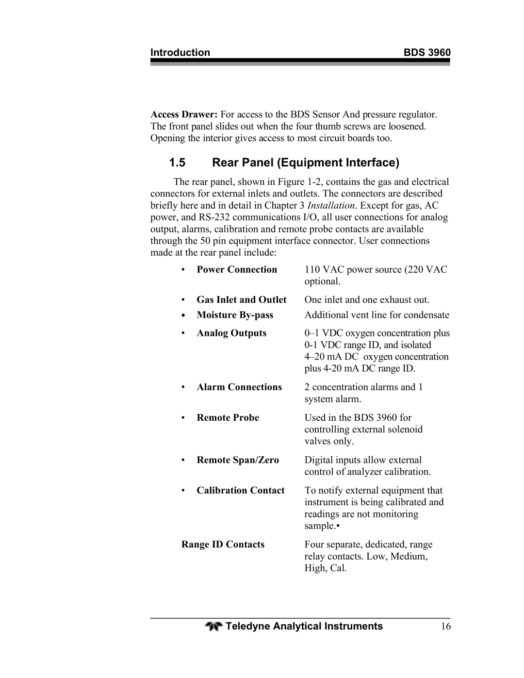 Teledyne BDS-3960 operating instructions Rear Panel Equipment Interface, Analog Outputs, Remote Probe, Range ID Contacts 