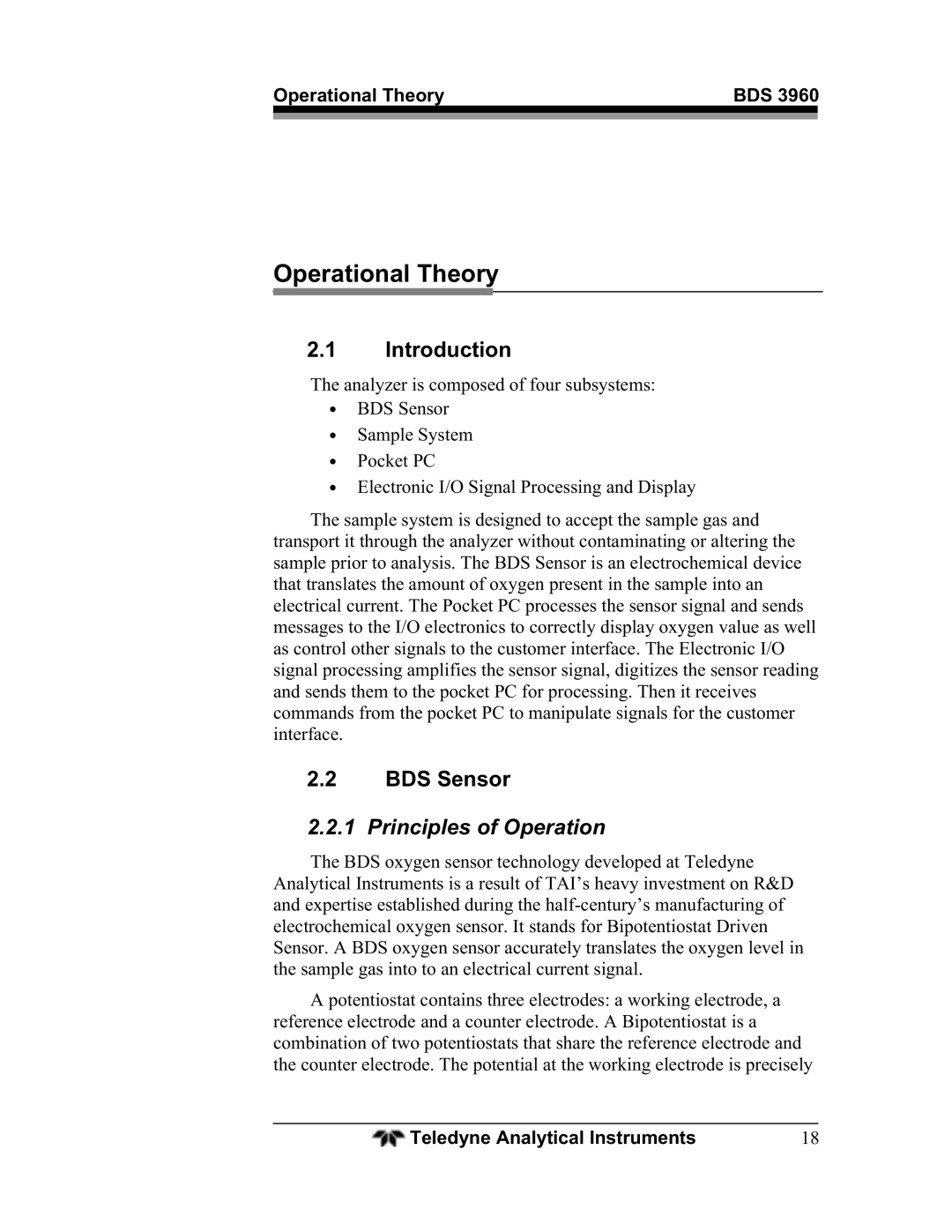 Teledyne BDS-3960 operating instructions Operational Theory, Introduction, BDS Sensor, Principles of Operation 