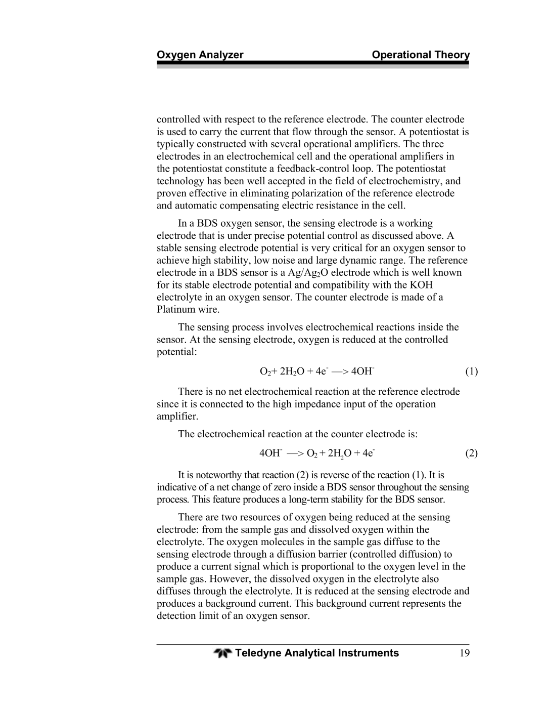 Teledyne BDS-3960 operating instructions Oxygen Analyzer Operational Theory 