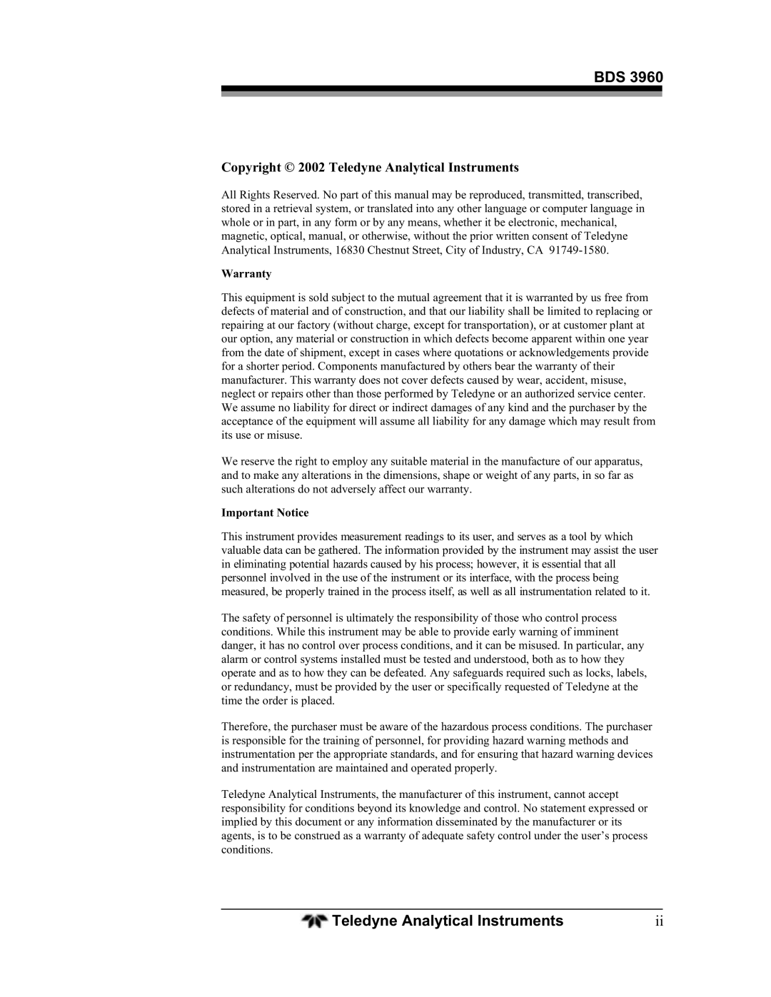 Teledyne BDS-3960 operating instructions Bds, Copyright 2002 Teledyne Analytical Instruments 