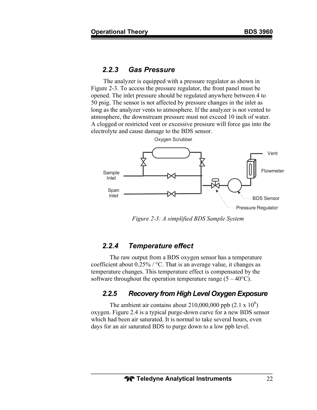 Teledyne BDS-3960 operating instructions Gas Pressure, Temperature effect, Recovery from High Level Oxygen Exposure 