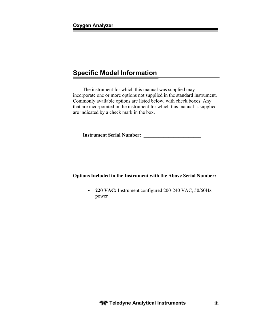 Teledyne BDS-3960 operating instructions Specific Model Information, Iii 