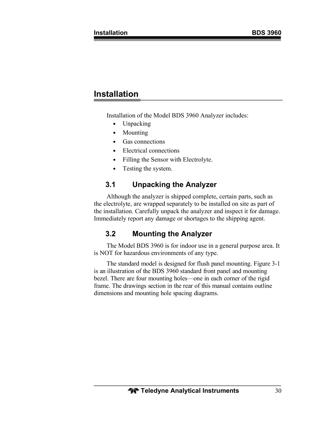 Teledyne BDS-3960 operating instructions Installation, Unpacking the Analyzer, Mounting the Analyzer 