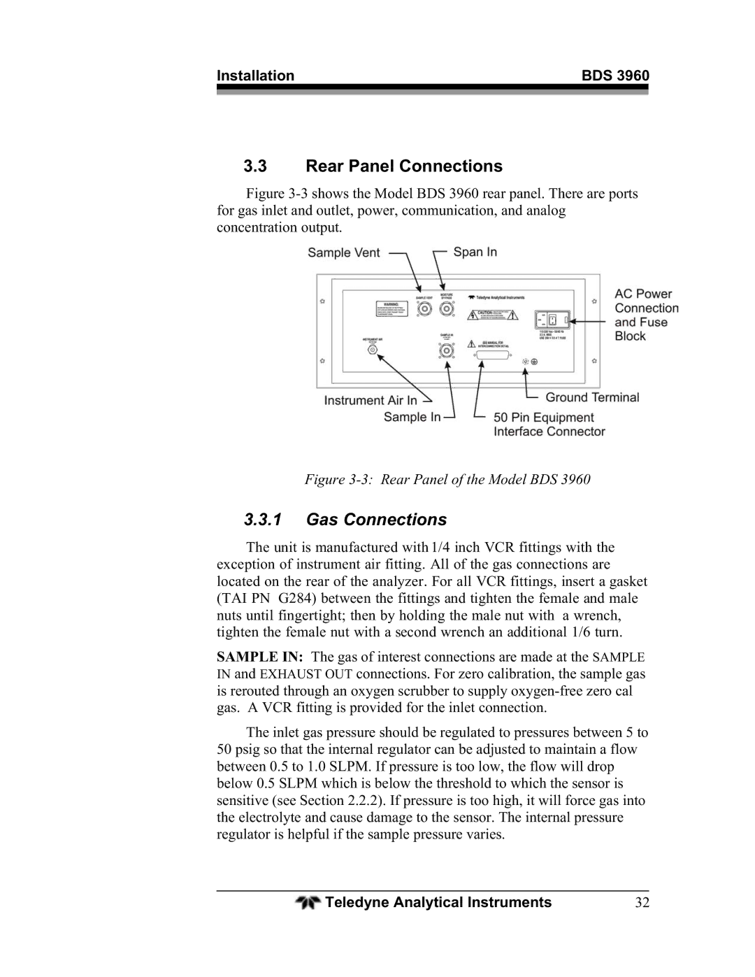 Teledyne BDS-3960 operating instructions Rear Panel Connections, Gas Connections 