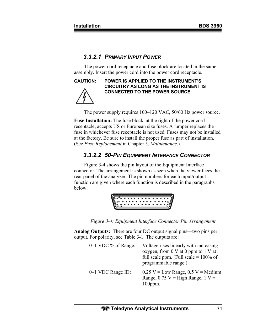 Teledyne BDS-3960 operating instructions Equipment Interface Connector Pin Arrangement 