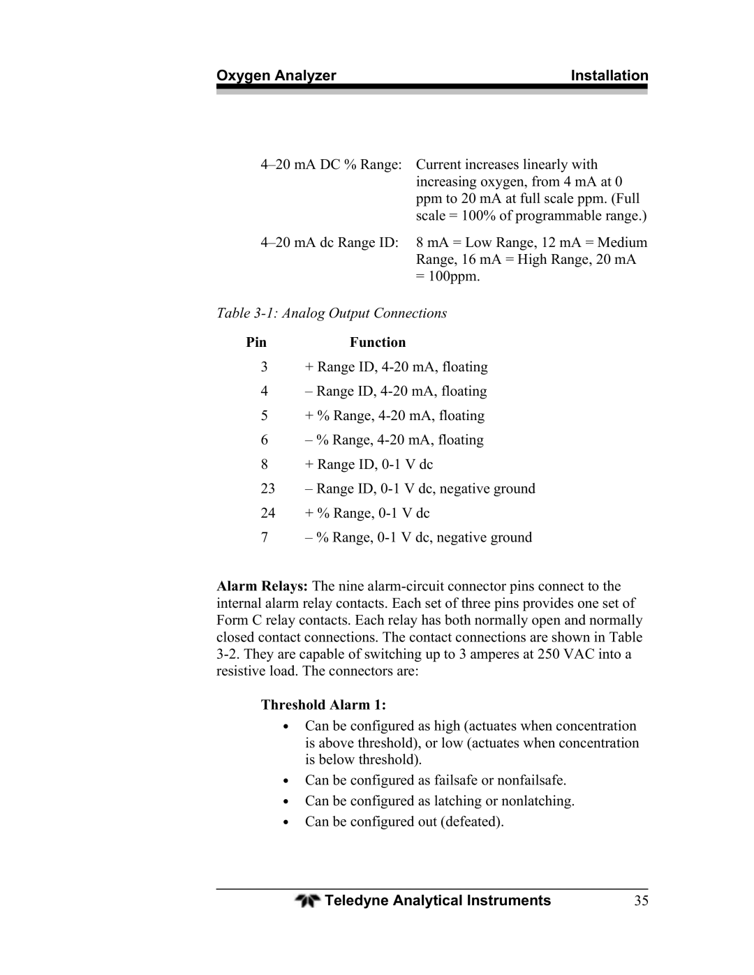 Teledyne BDS-3960 operating instructions Pin Function, Threshold Alarm 