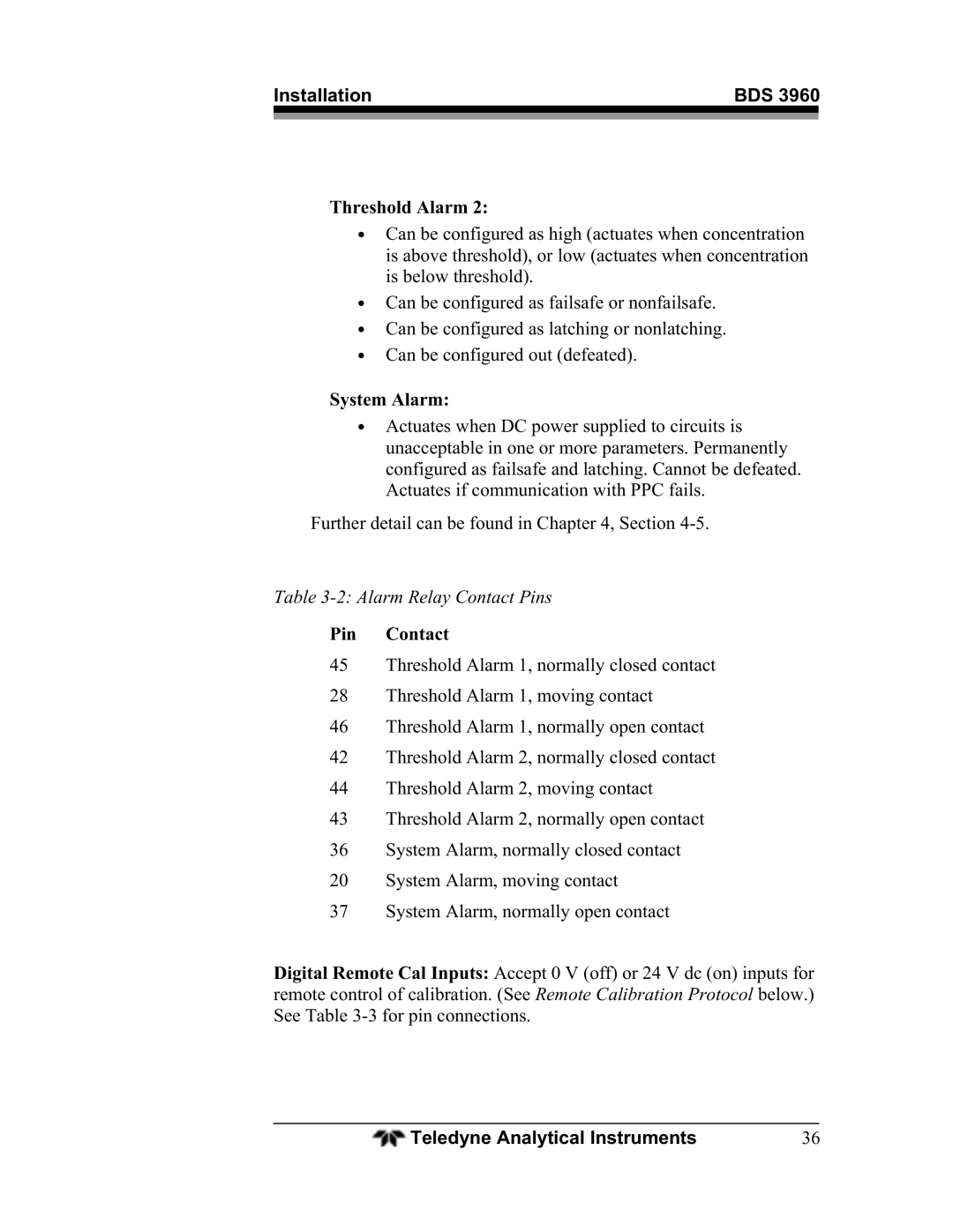 Teledyne BDS-3960 operating instructions System Alarm, Pin Contact 