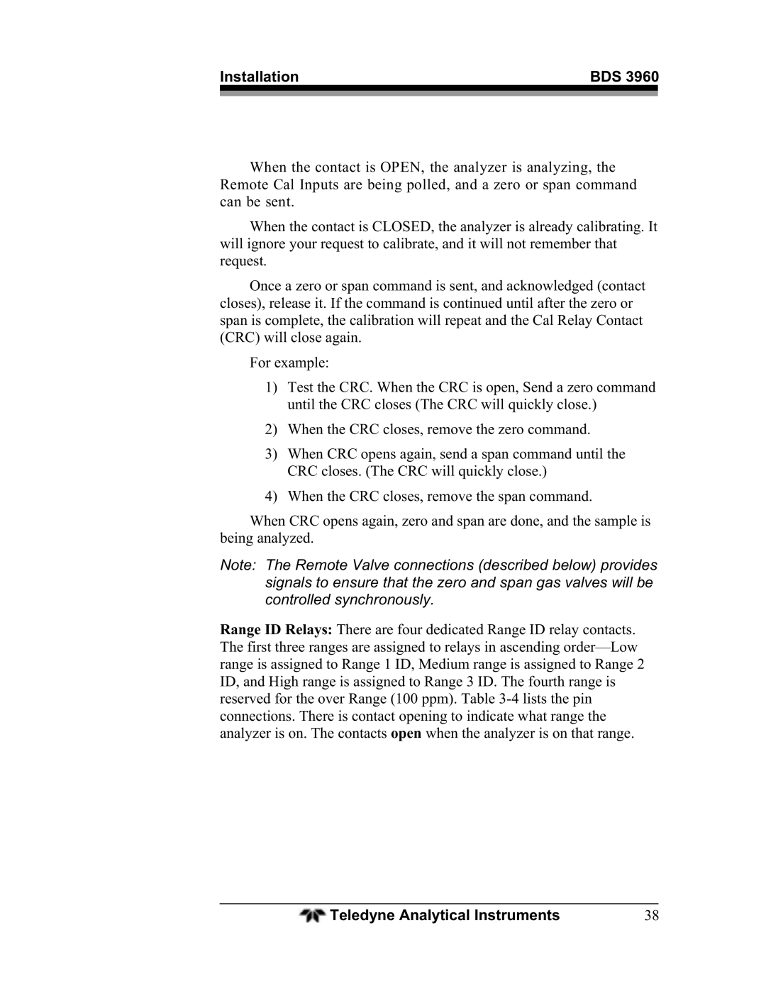 Teledyne BDS-3960 operating instructions Installation 