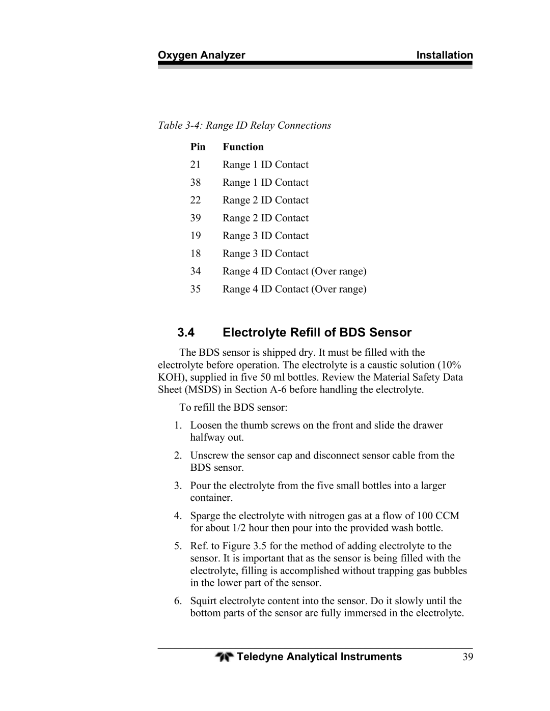 Teledyne BDS-3960 operating instructions Electrolyte Refill of BDS Sensor 