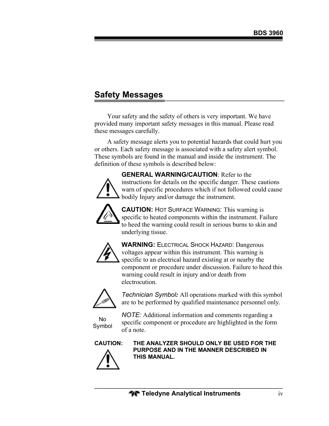 Teledyne BDS-3960 operating instructions Safety Messages 