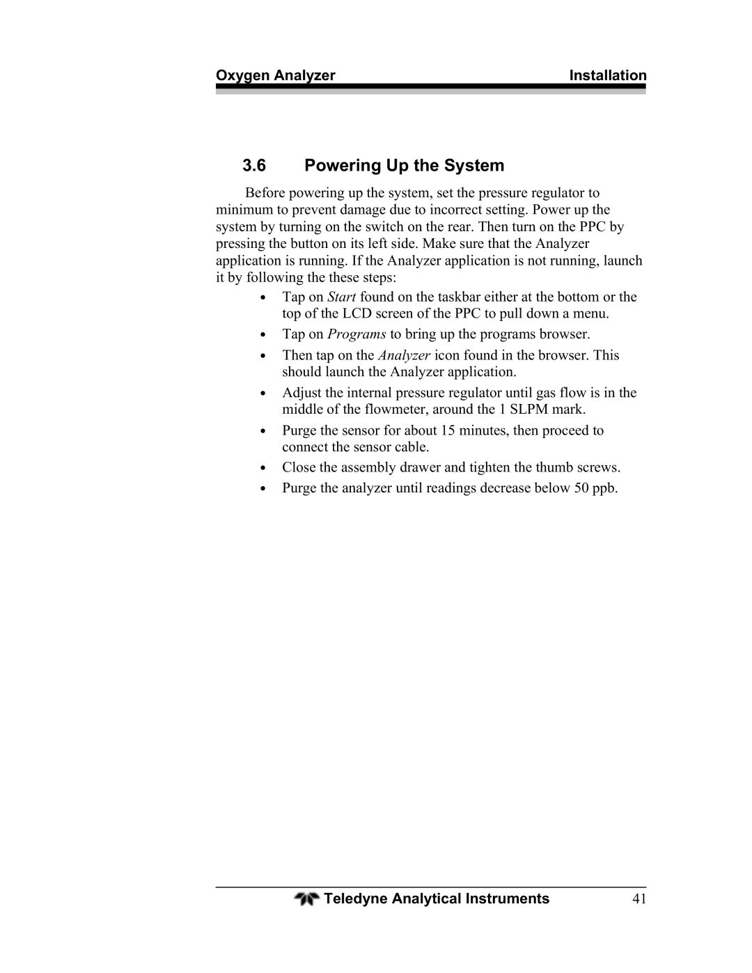 Teledyne BDS-3960 operating instructions Powering Up the System 