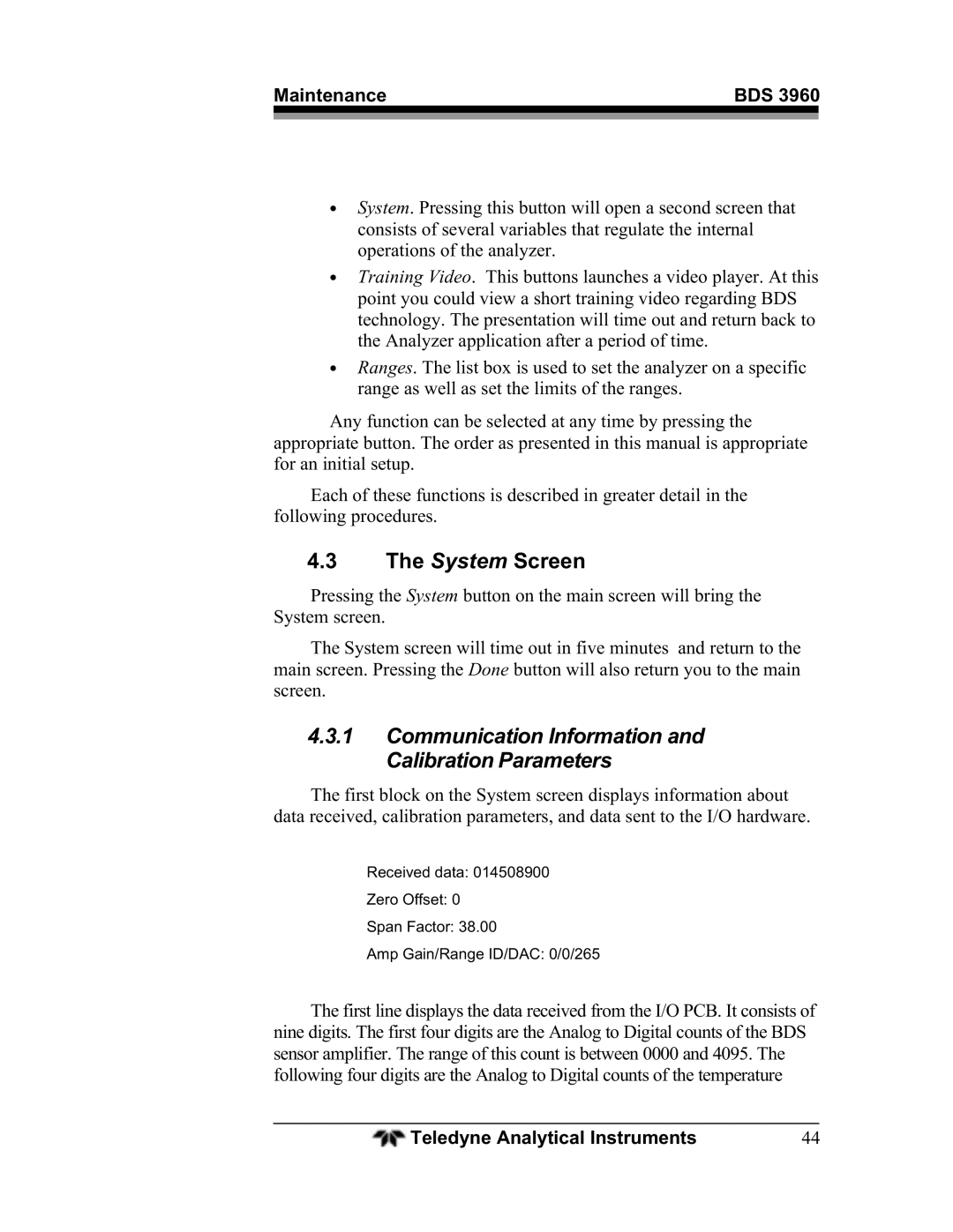 Teledyne BDS-3960 operating instructions System Screen, Communication Information and Calibration Parameters 