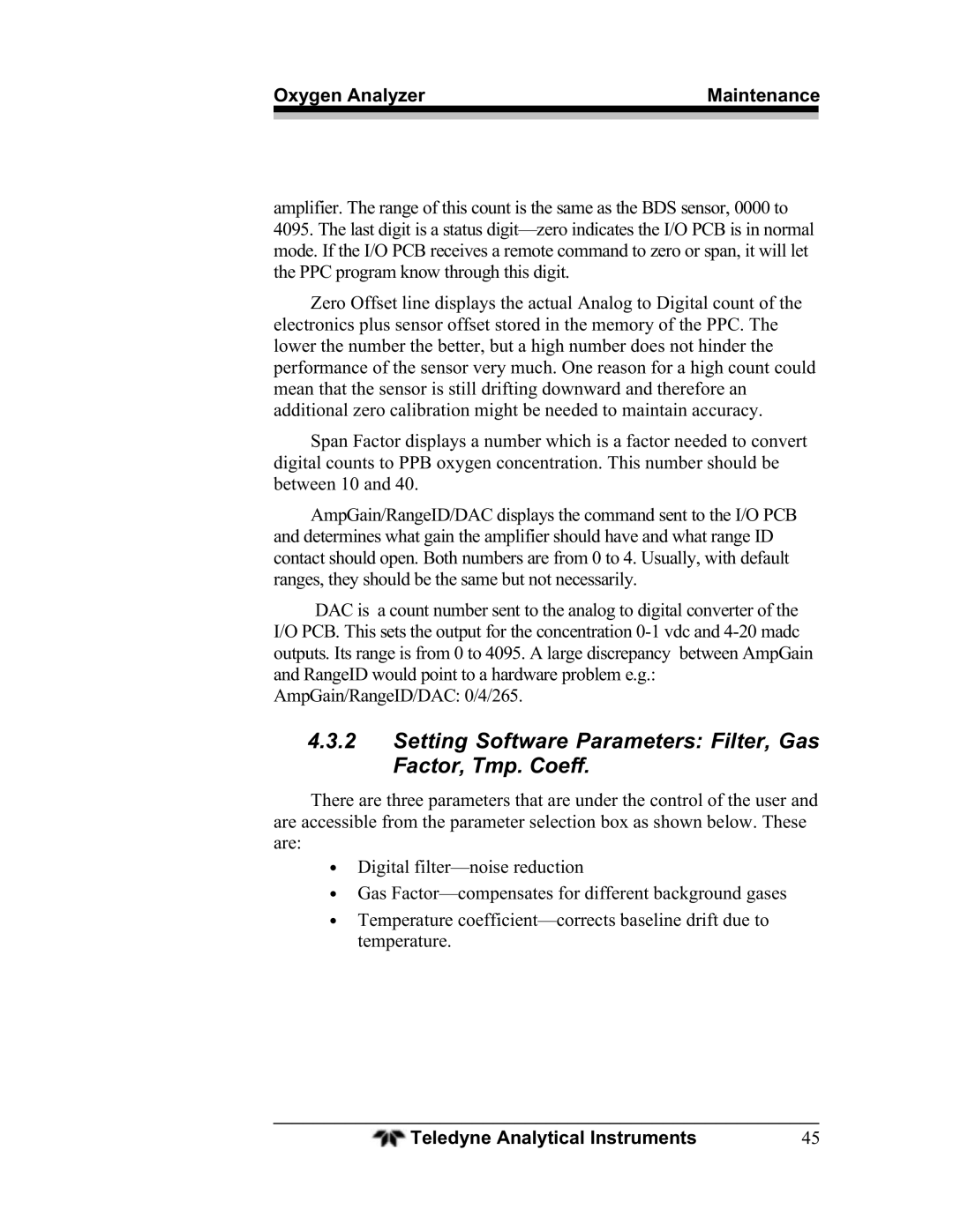 Teledyne BDS-3960 operating instructions Setting Software Parameters Filter, Gas Factor, Tmp. Coeff 