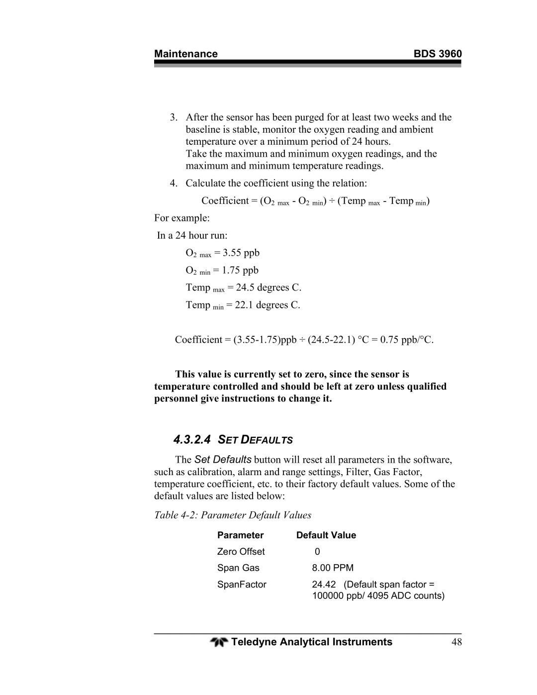 Teledyne BDS-3960 operating instructions Parameter Default Values 