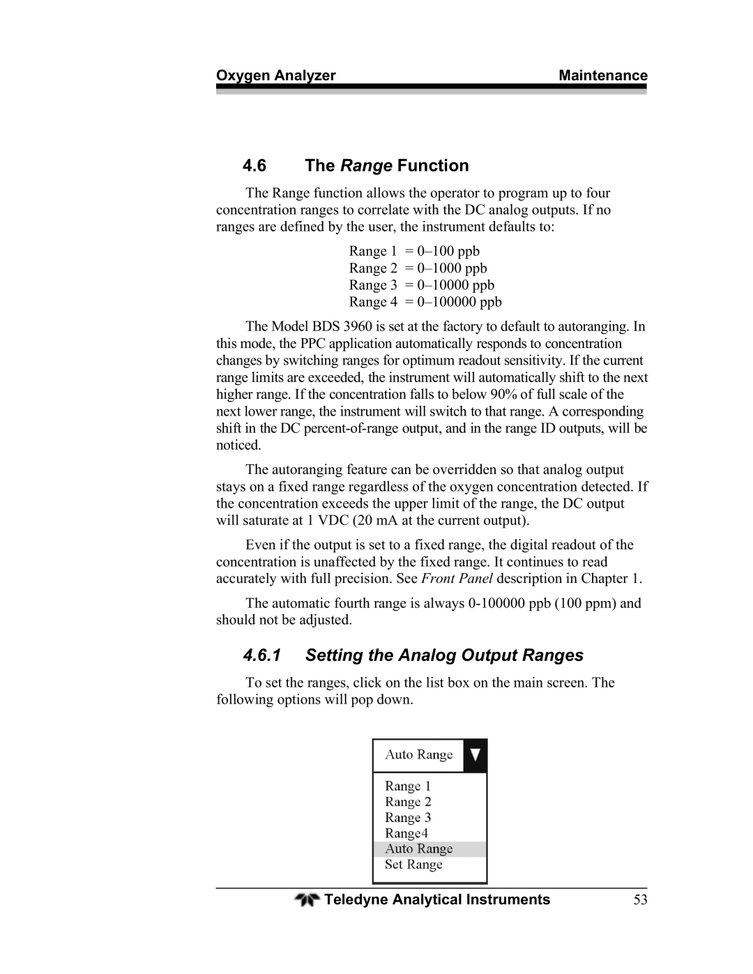 Teledyne BDS-3960 operating instructions Range Function, Setting the Analog Output Ranges 