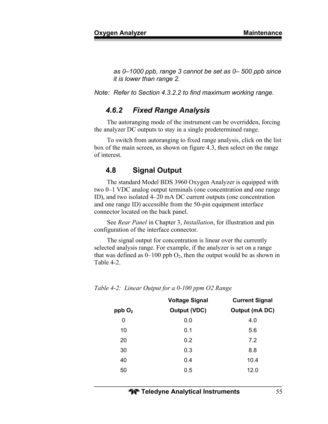 Teledyne BDS-3960 operating instructions Fixed Range Analysis, Signal Output 