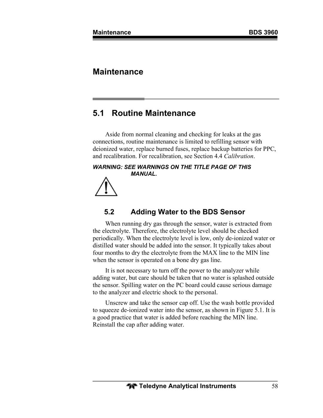 Teledyne BDS-3960 operating instructions Maintenance Routine Maintenance, Adding Water to the BDS Sensor 