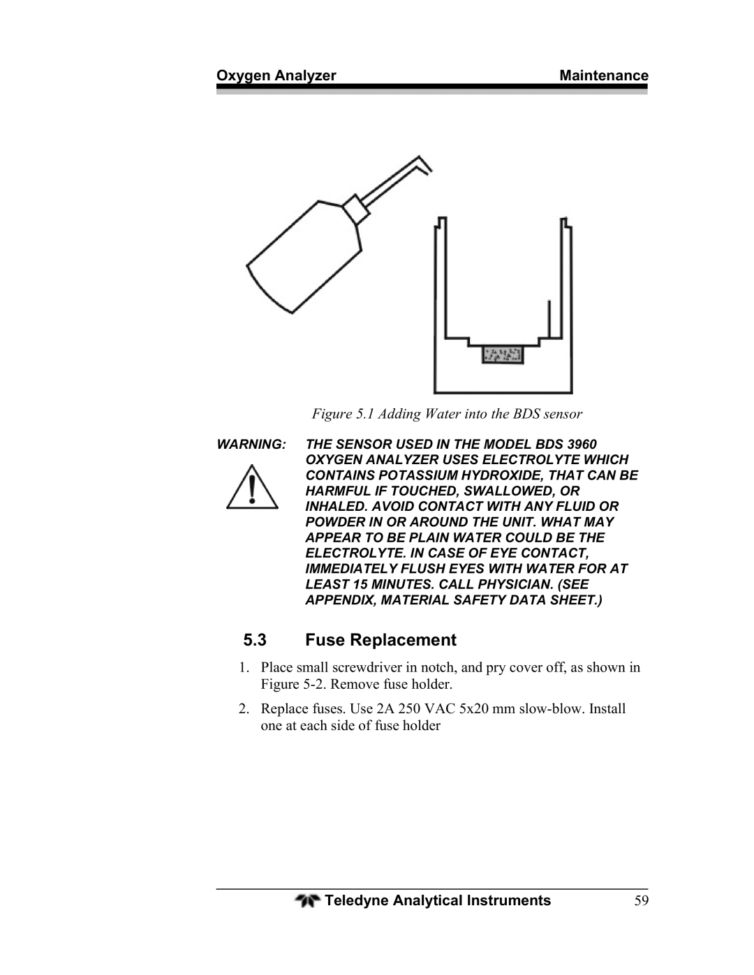 Teledyne BDS-3960 operating instructions Fuse Replacement, Adding Water into the BDS sensor 