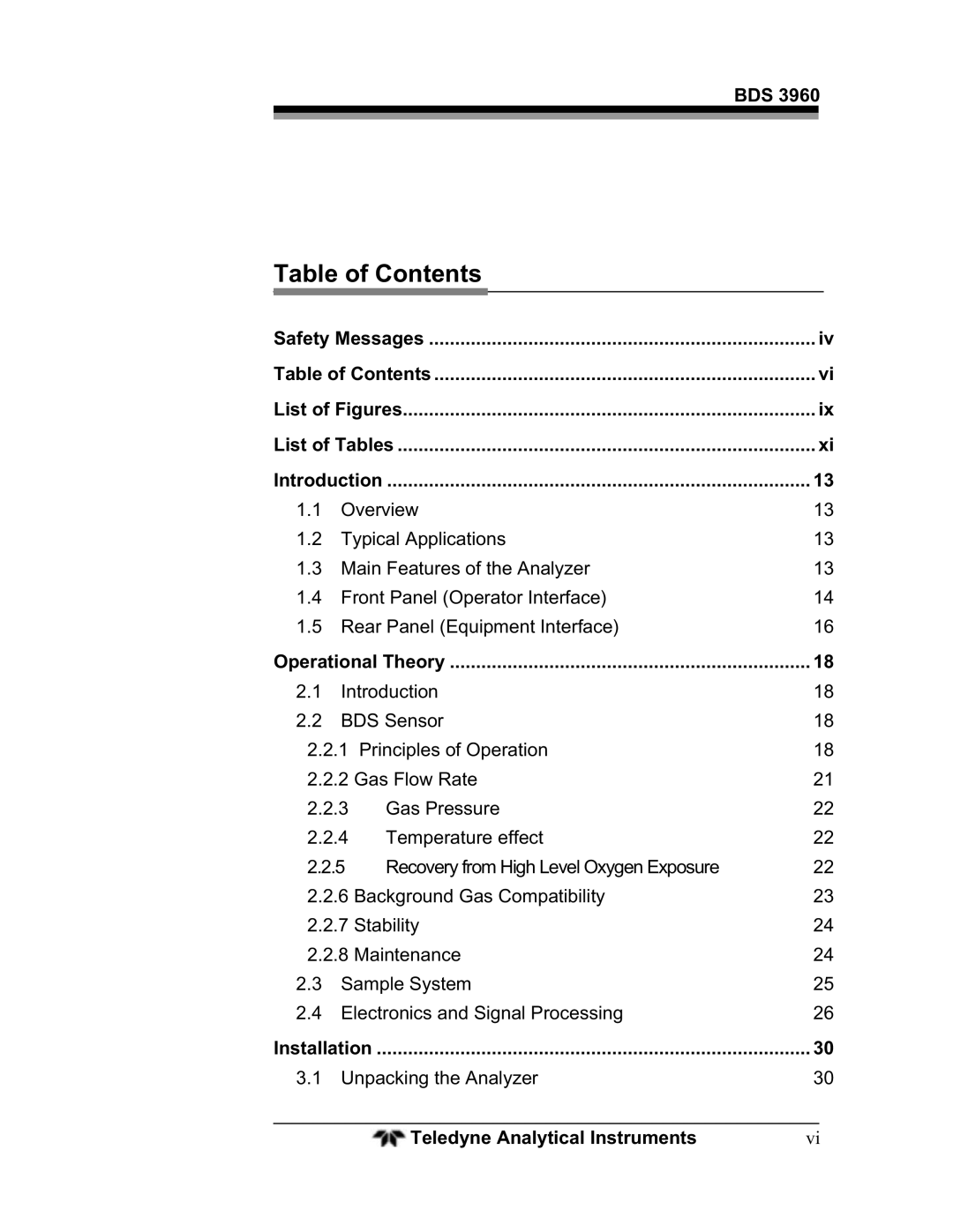 Teledyne BDS-3960 operating instructions Table of Contents 