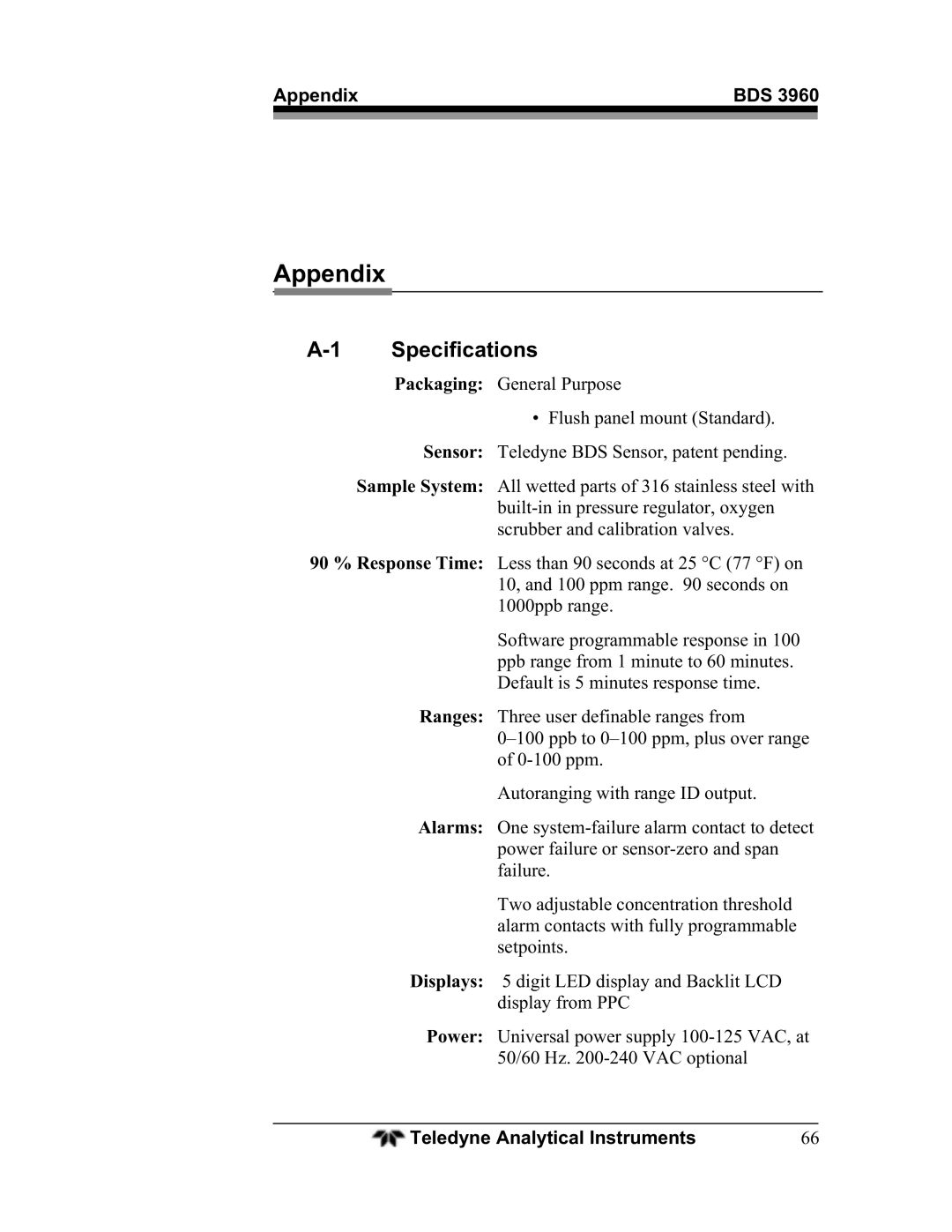 Teledyne BDS-3960 operating instructions Appendix, Specifications 