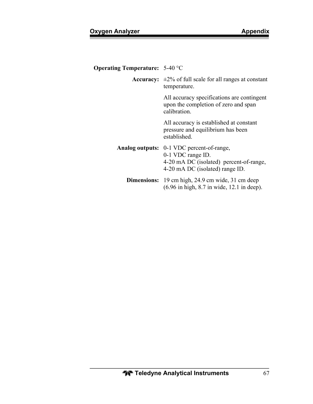 Teledyne BDS-3960 operating instructions Oxygen Analyzer Appendix, Operating Temperature 5-40 C 