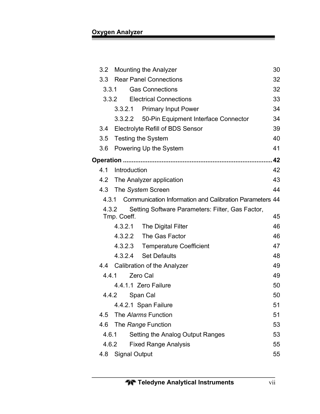 Teledyne BDS-3960 operating instructions Operation, Vii 