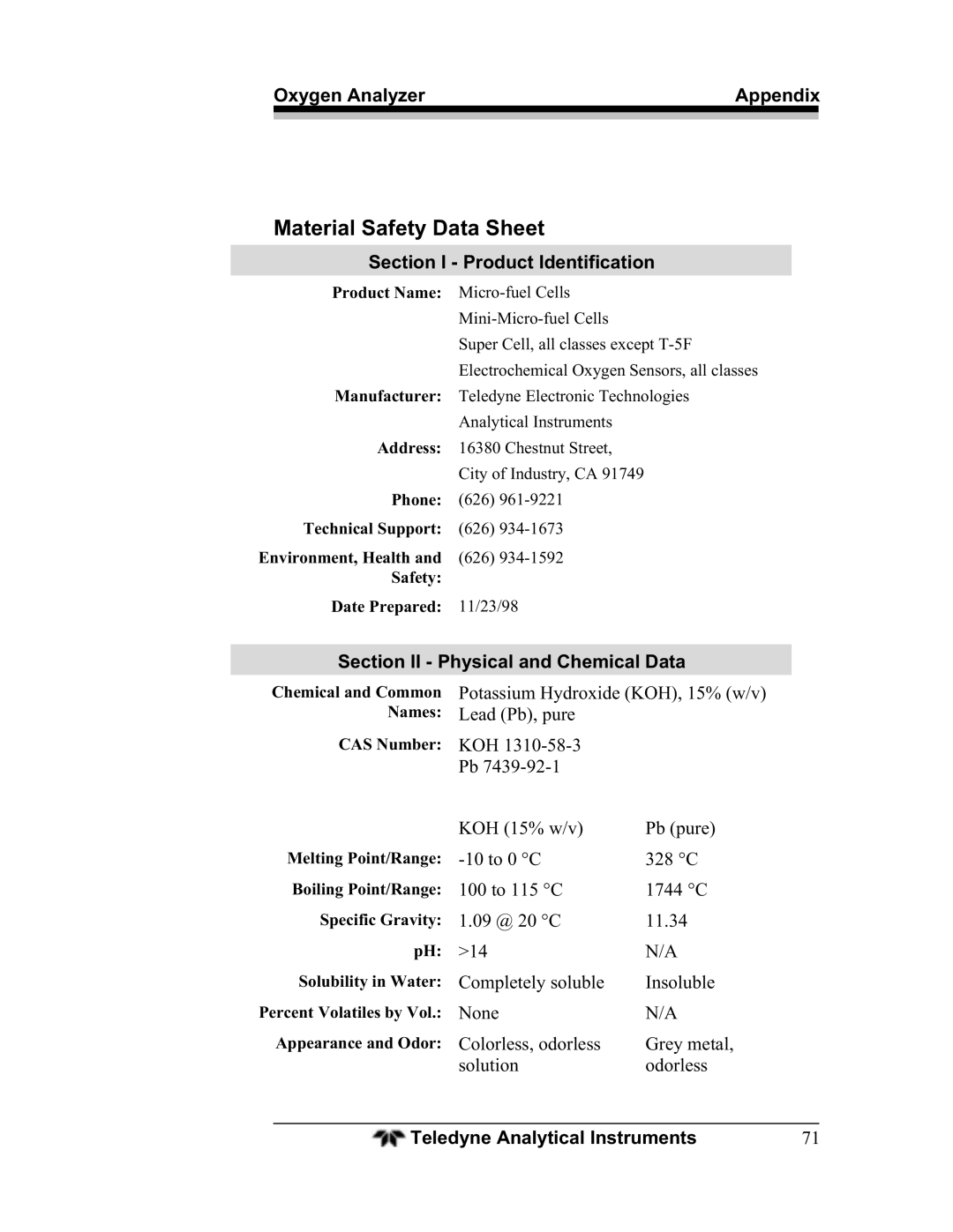 Teledyne BDS-3960 Material Safety Data Sheet, Section I Product Identification, Section II Physical and Chemical Data 