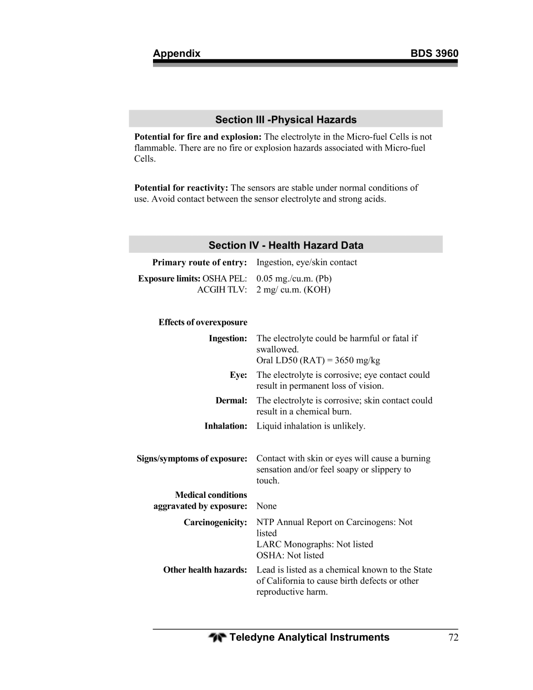 Teledyne BDS-3960 operating instructions Section III -Physical Hazards, Section IV Health Hazard Data 