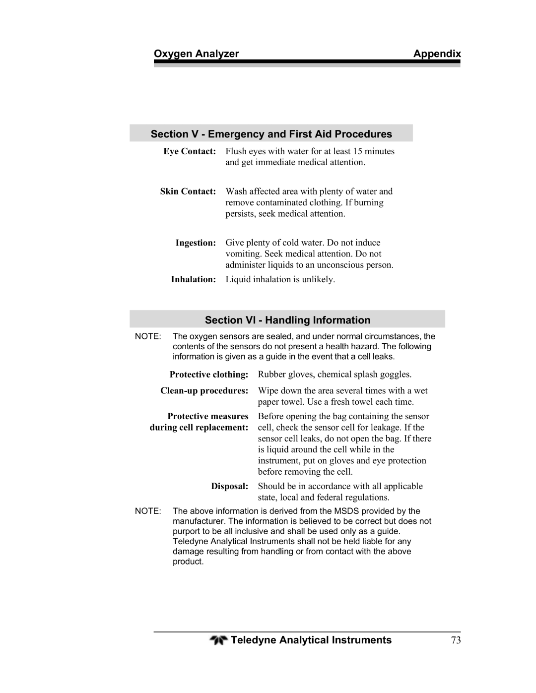 Teledyne BDS-3960 operating instructions Section VI Handling Information 