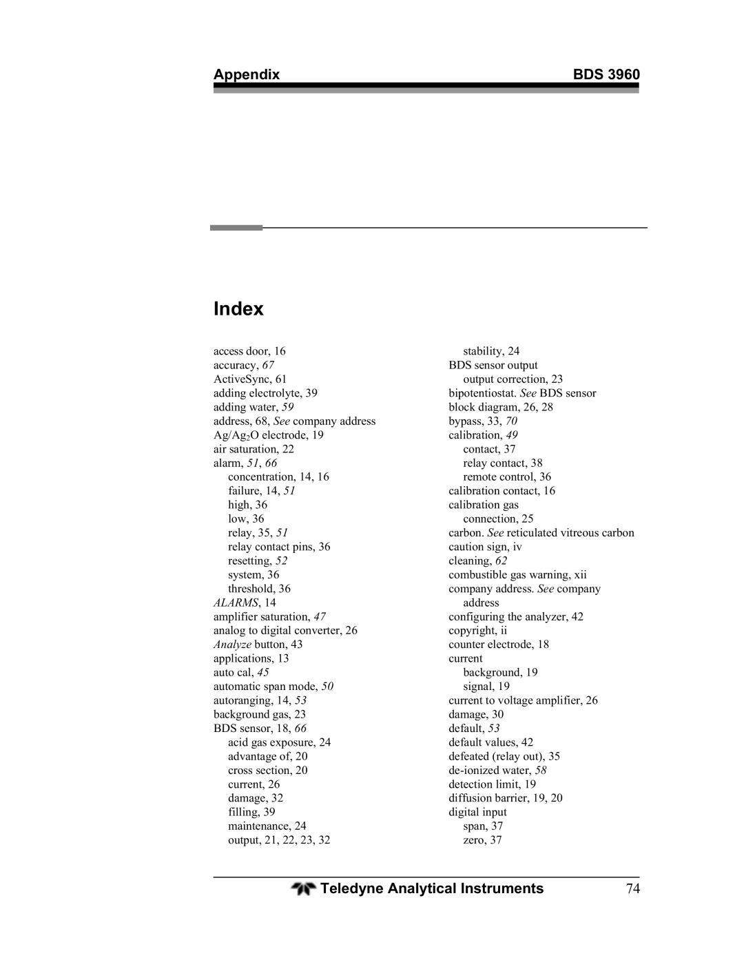 Teledyne BDS-3960 operating instructions Index, Alarms 