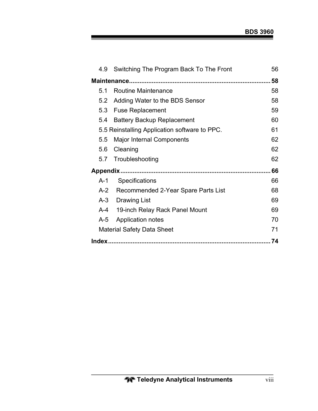 Teledyne BDS-3960 operating instructions Maintenance, Appendix, Index Teledyne Analytical Instruments, Viii 