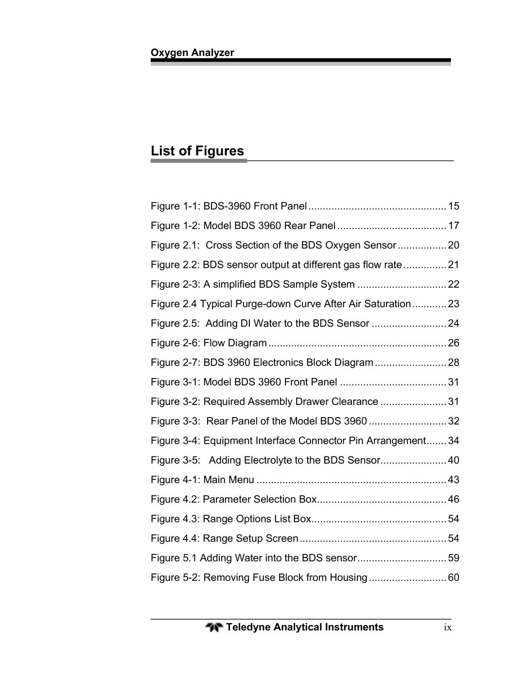 Teledyne operating instructions List of Figures, BDS-3960 Front Panel 