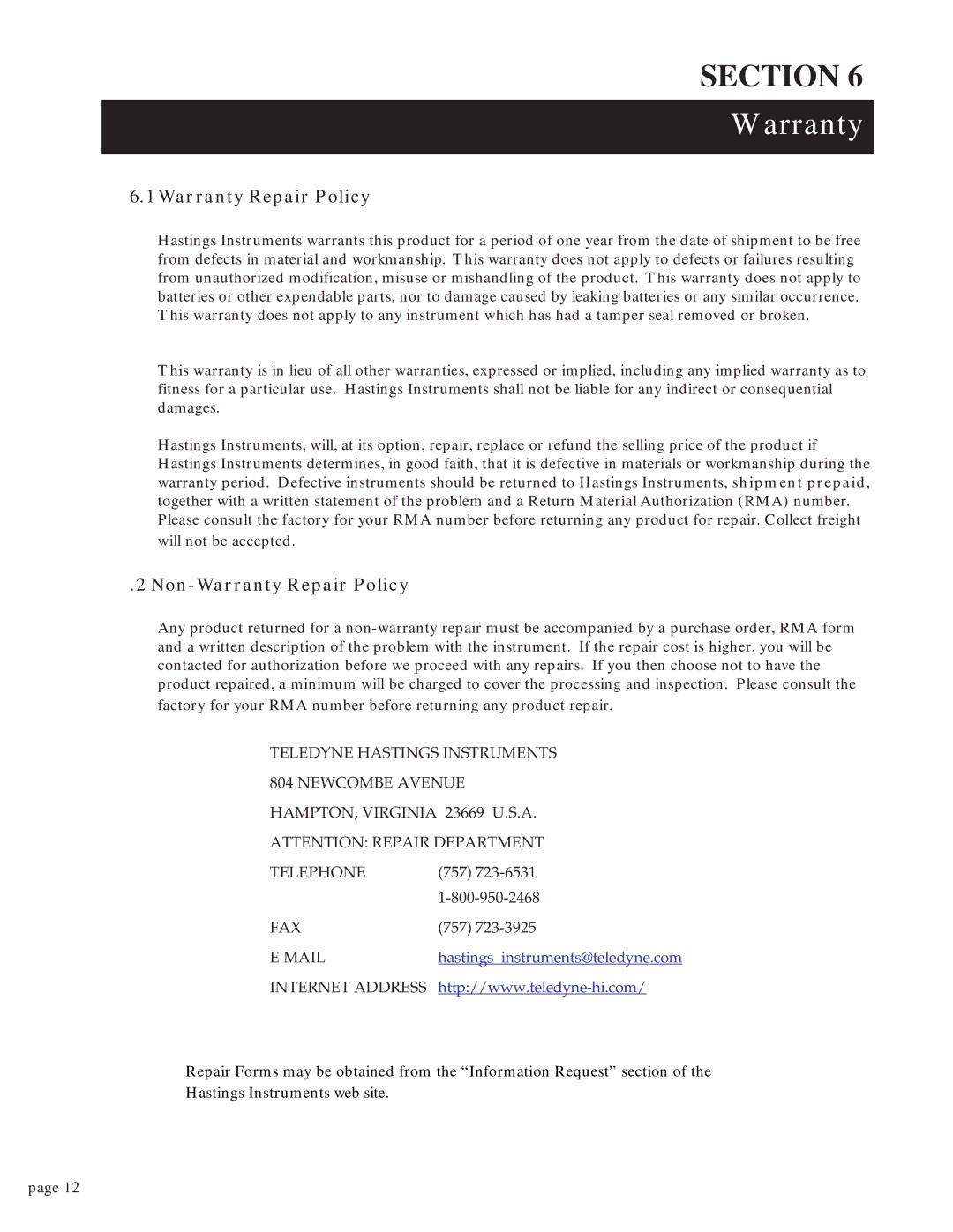 Teledyne DNV-33D instruction manual Non-Warranty Repair Policy 