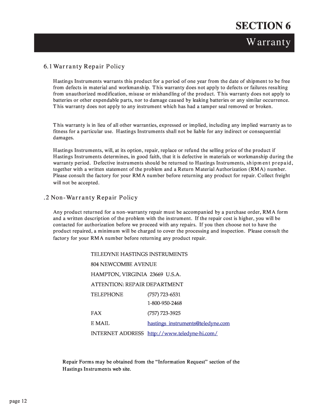 Teledyne DNV-33D instruction manual Warranty Repair Policy, Non-WarrantyRepair Policy, Section 