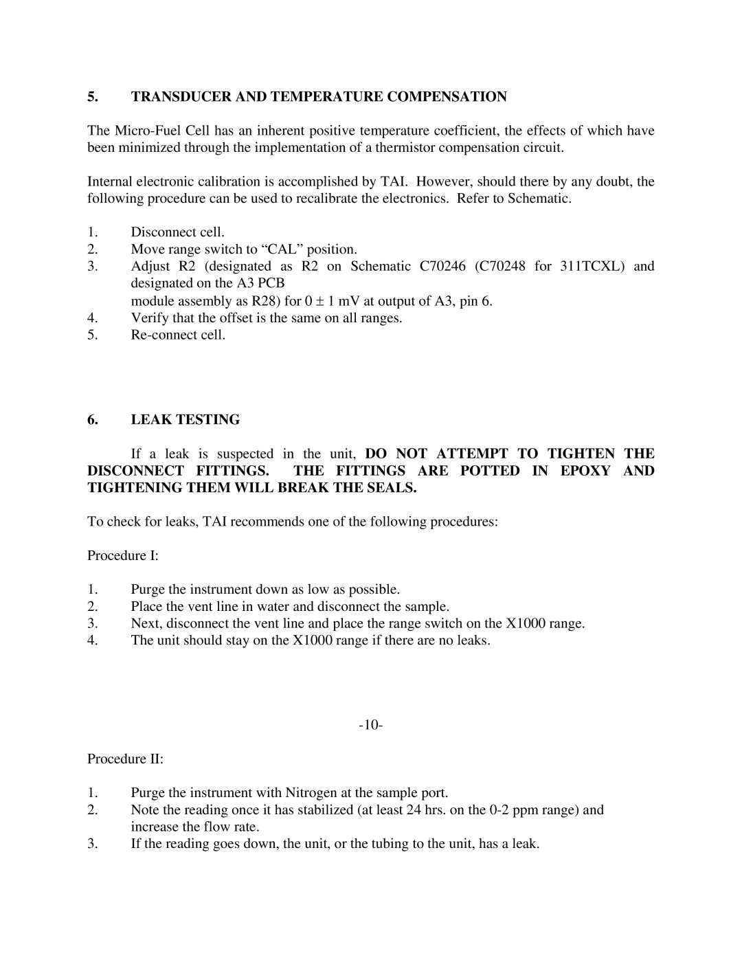 Teledyne ECO#02-0227 instruction manual Transducer and Temperature Compensation, Leak Testing 