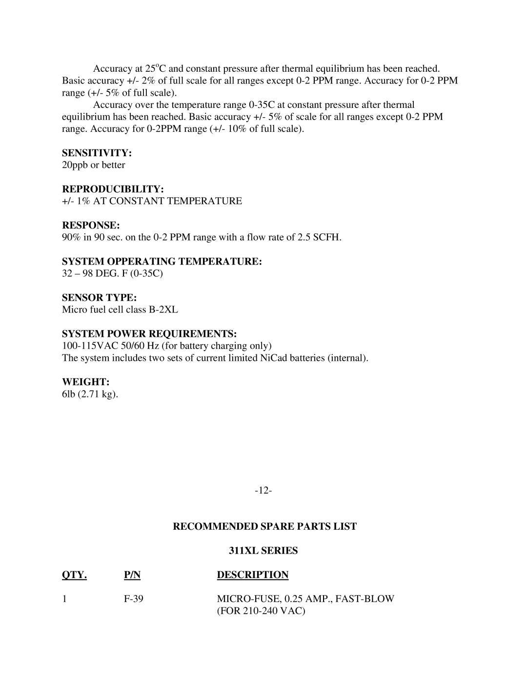 Teledyne ECO#02-0227 Sensitivity, Reproducibility, Response, System Power Requirements, Recommended Spare Parts List 