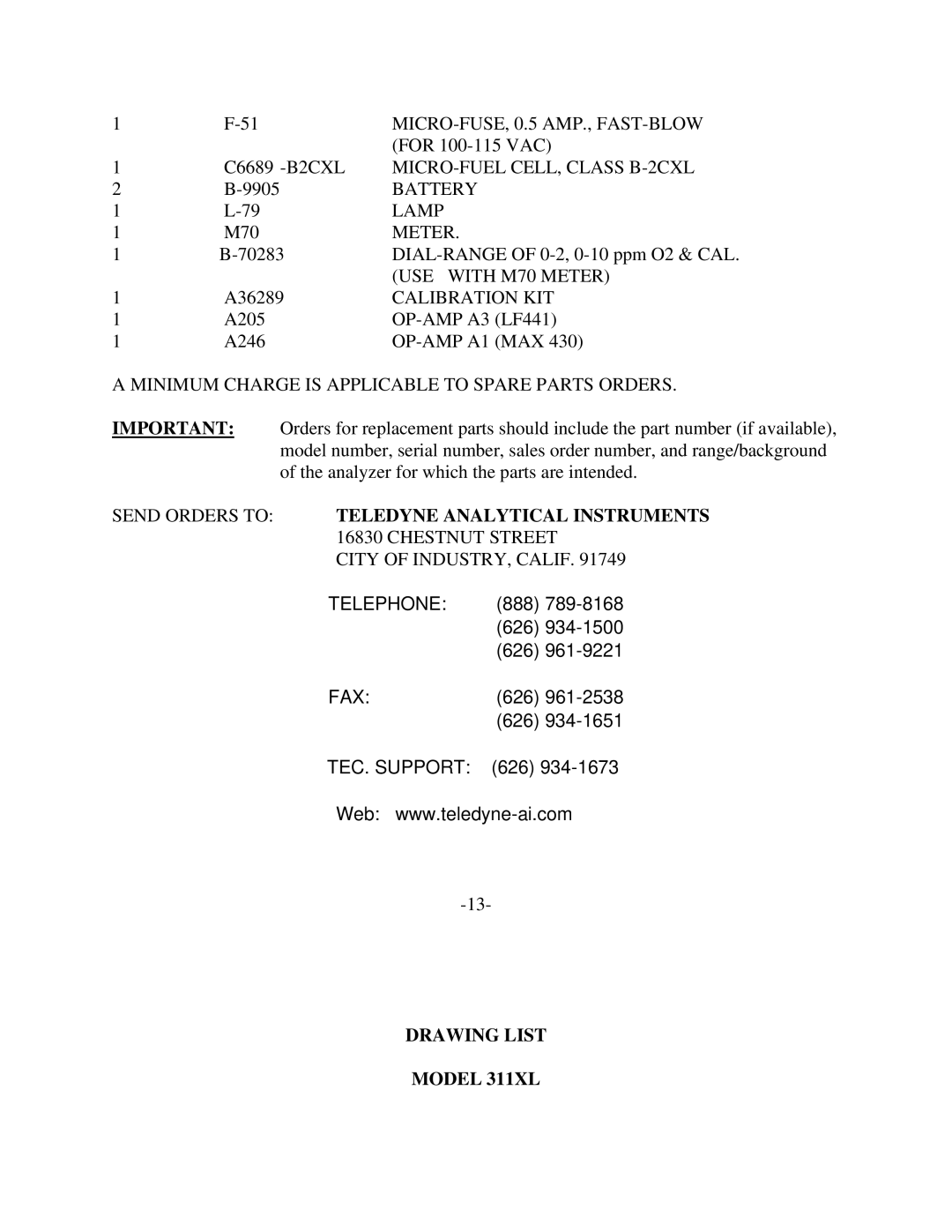 Teledyne ECO#02-0227 instruction manual Minimum Charge is Applicable to Spare Parts Orders, Drawing List Model 311XL 