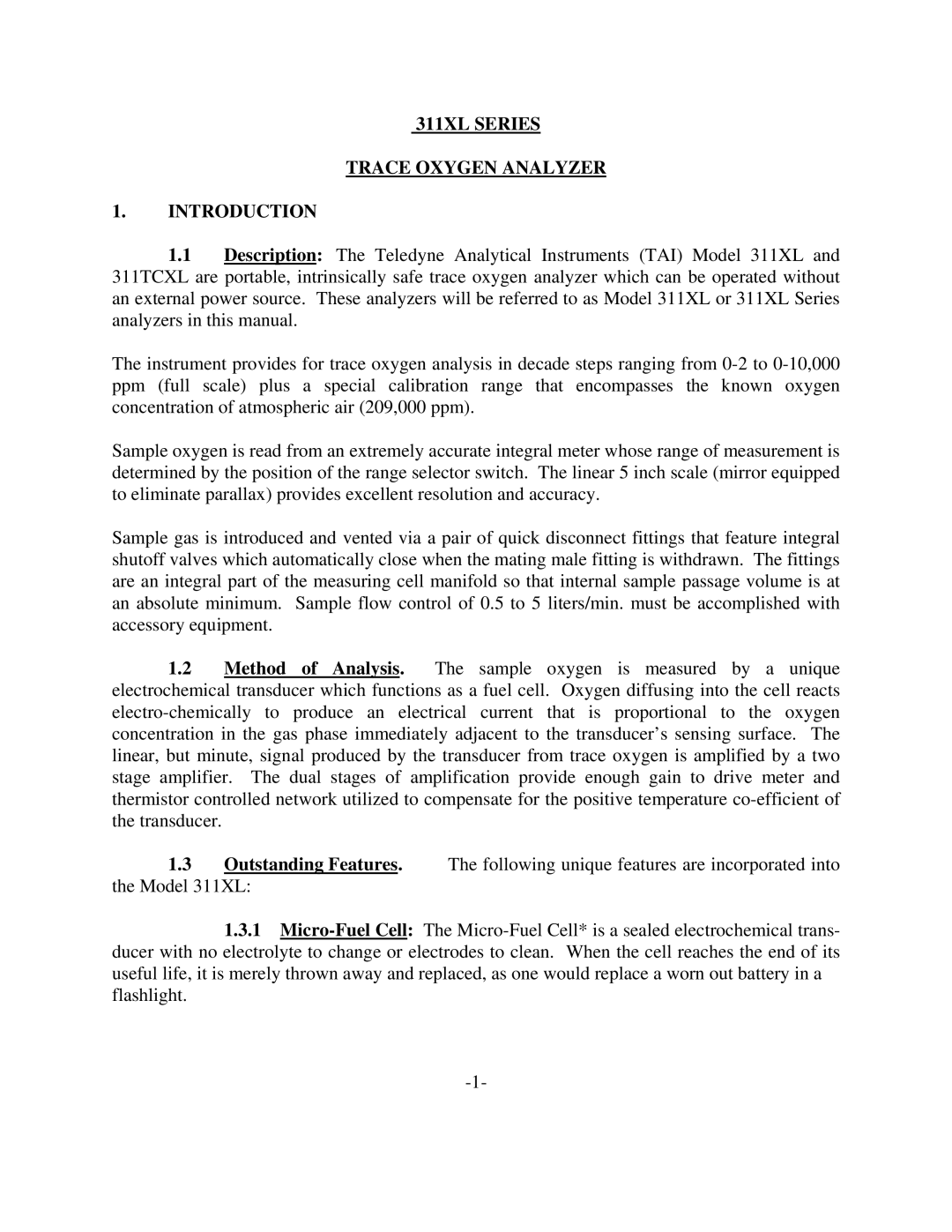 Teledyne ECO#02-0227 instruction manual 311XL Series Trace Oxygen Analyzer Introduction 