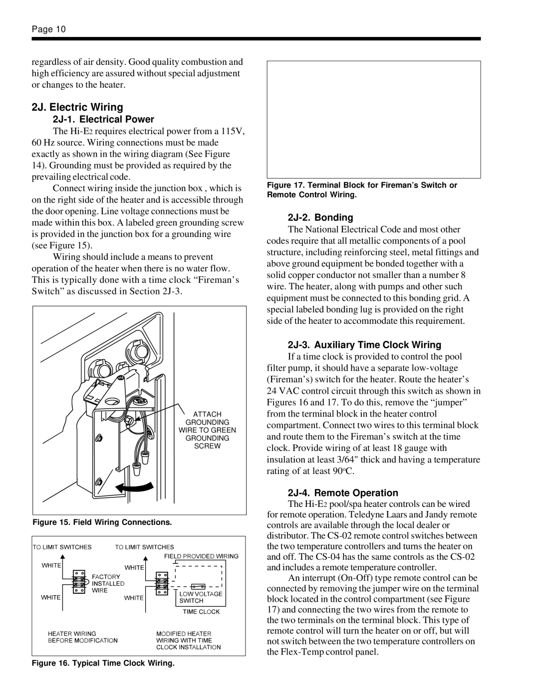 Teledyne EHE warranty 2J. Electric Wiring, 2J-1. Electrical Power, 2J-2. Bonding, 2J-3. Auxiliary Time Clock Wiring 