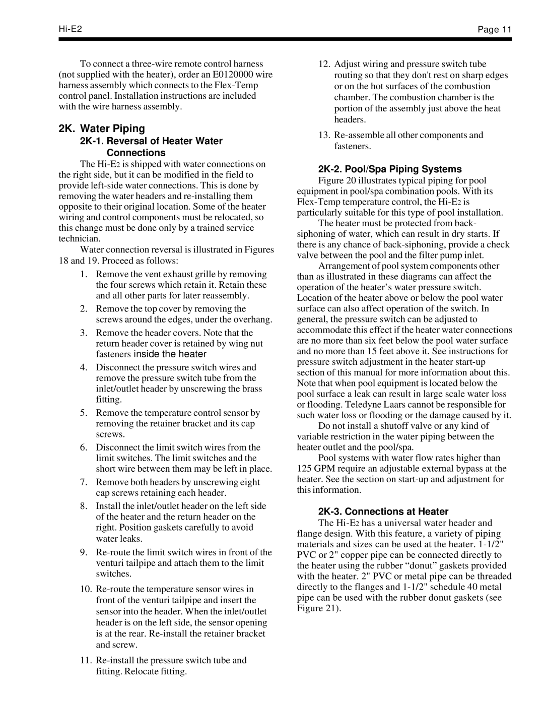 Teledyne EHE warranty 2K. Water Piping, 2K-1. Reversal of Heater Water Connections, 2K-3. Connections at Heater 