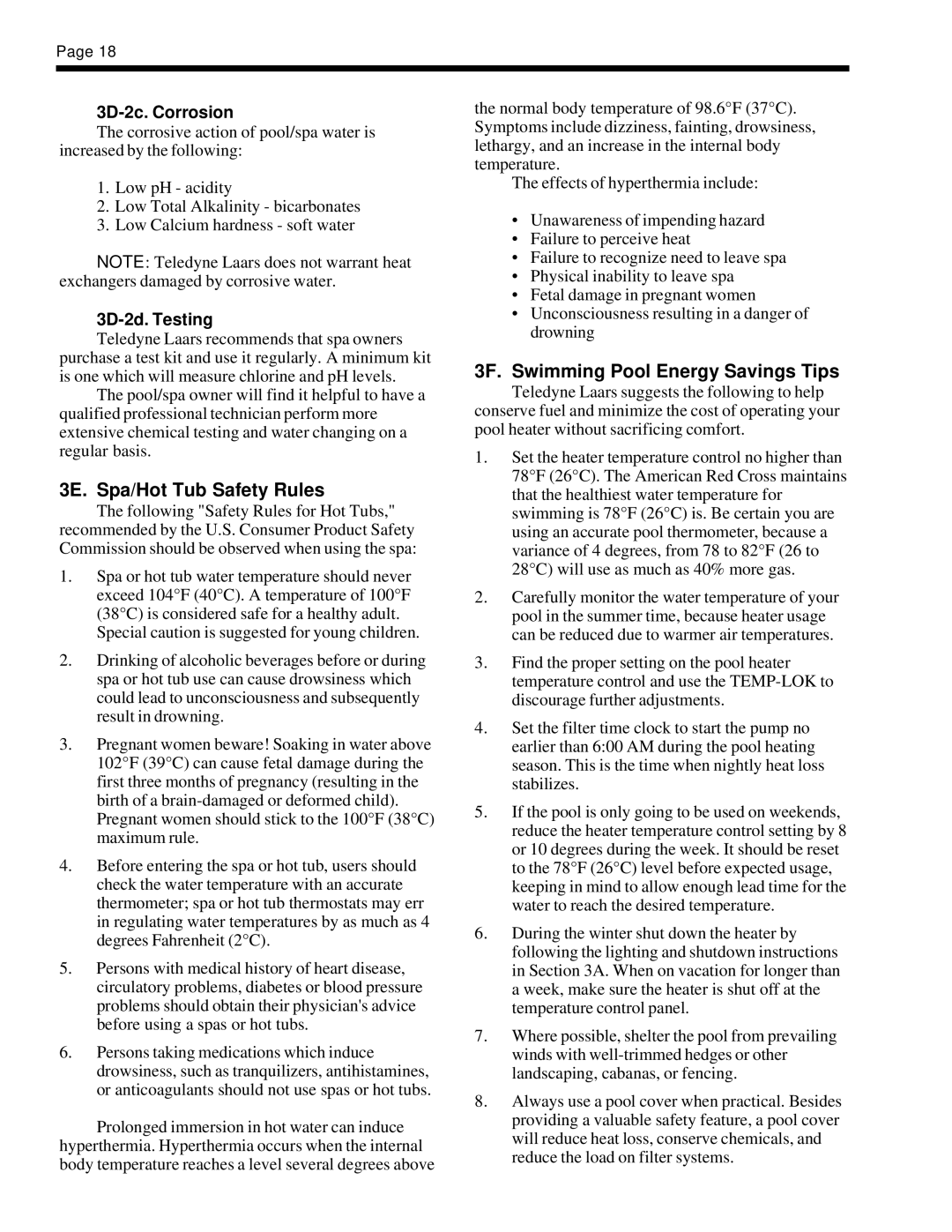 Teledyne EHE warranty 3E. Spa/Hot Tub Safety Rules, 3F. Swimming Pool Energy Savings Tips, 3D-2c. Corrosion, 3D-2d. Testing 