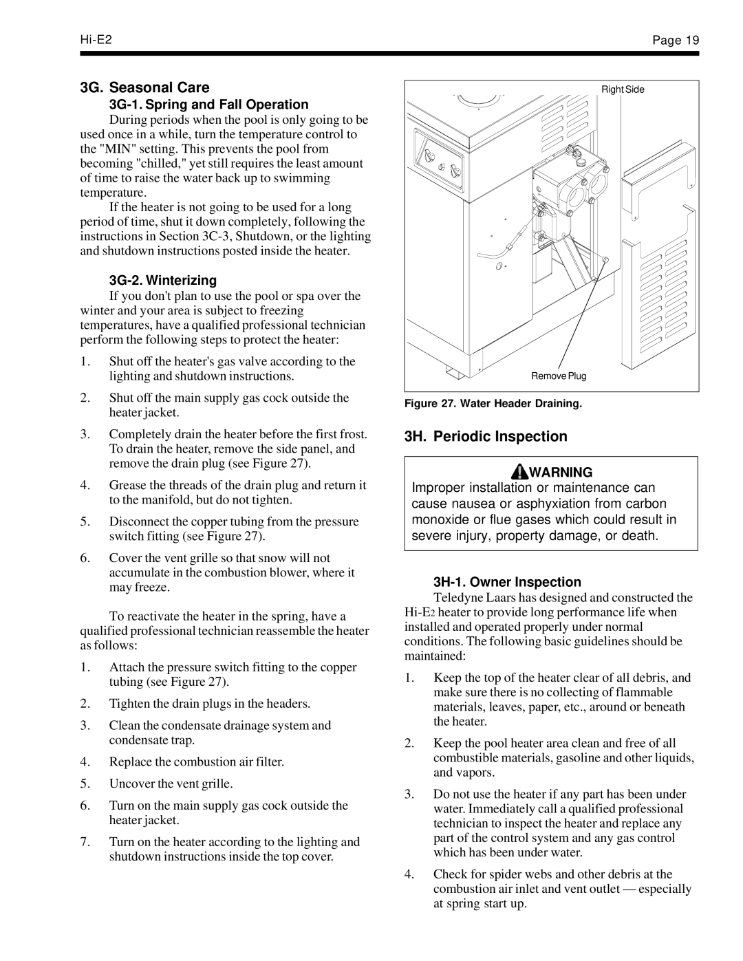 Teledyne EHE warranty 3G. Seasonal Care, 3H. Periodic Inspection, 3G-1. Spring and Fall Operation, 3G-2. Winterizing 