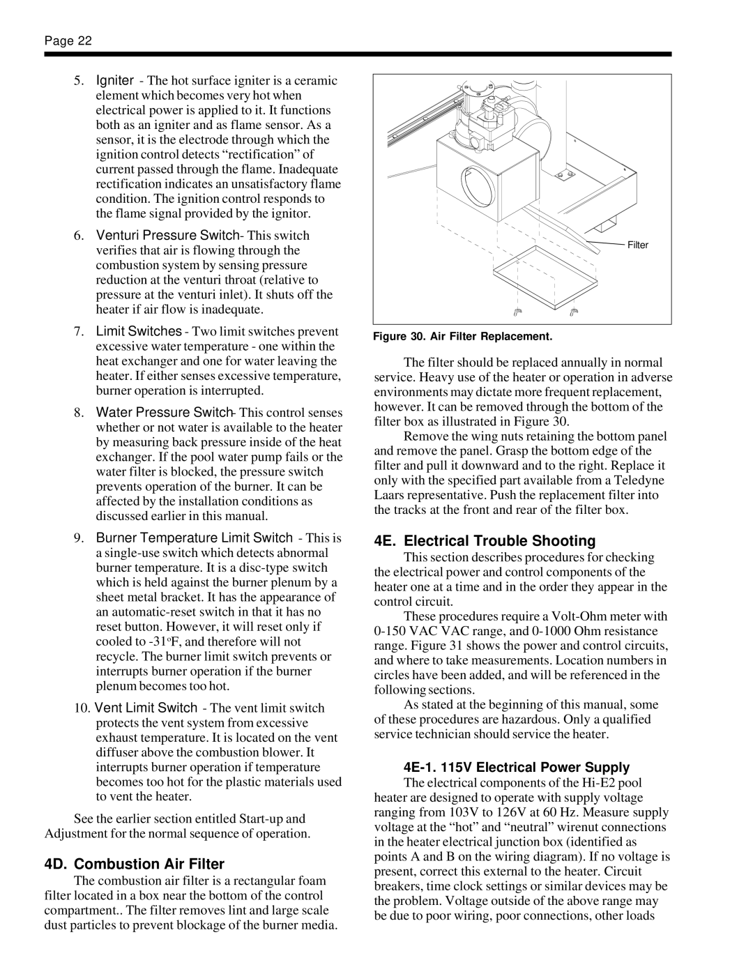 Teledyne EHE warranty 4D. Combustion Air Filter, 4E. Electrical Trouble Shooting, 4E-1 V Electrical Power Supply 