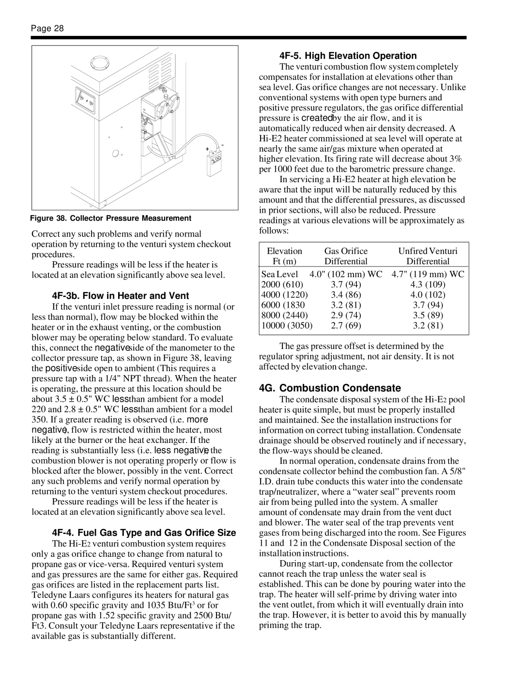 Teledyne EHE warranty 4G. Combustion Condensate, 4F-3b. Flow in Heater and Vent, 4F-4. Fuel Gas Type and Gas Orifice Size 