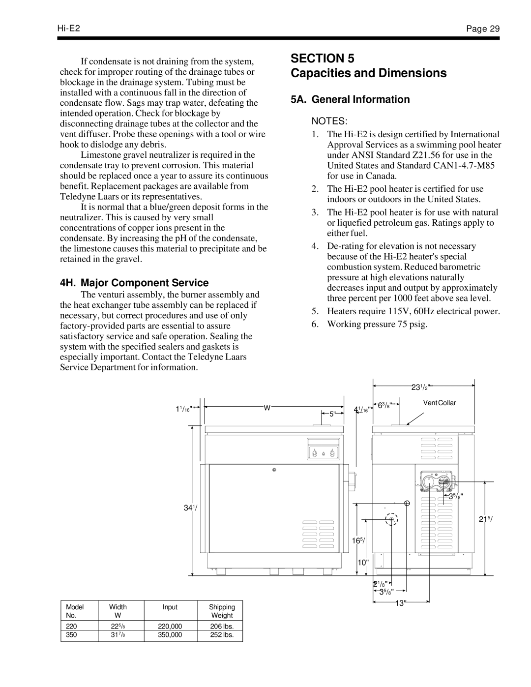 Teledyne EHE warranty Capacities and Dimensions, 4H. Major Component Service, 5A. General Information 