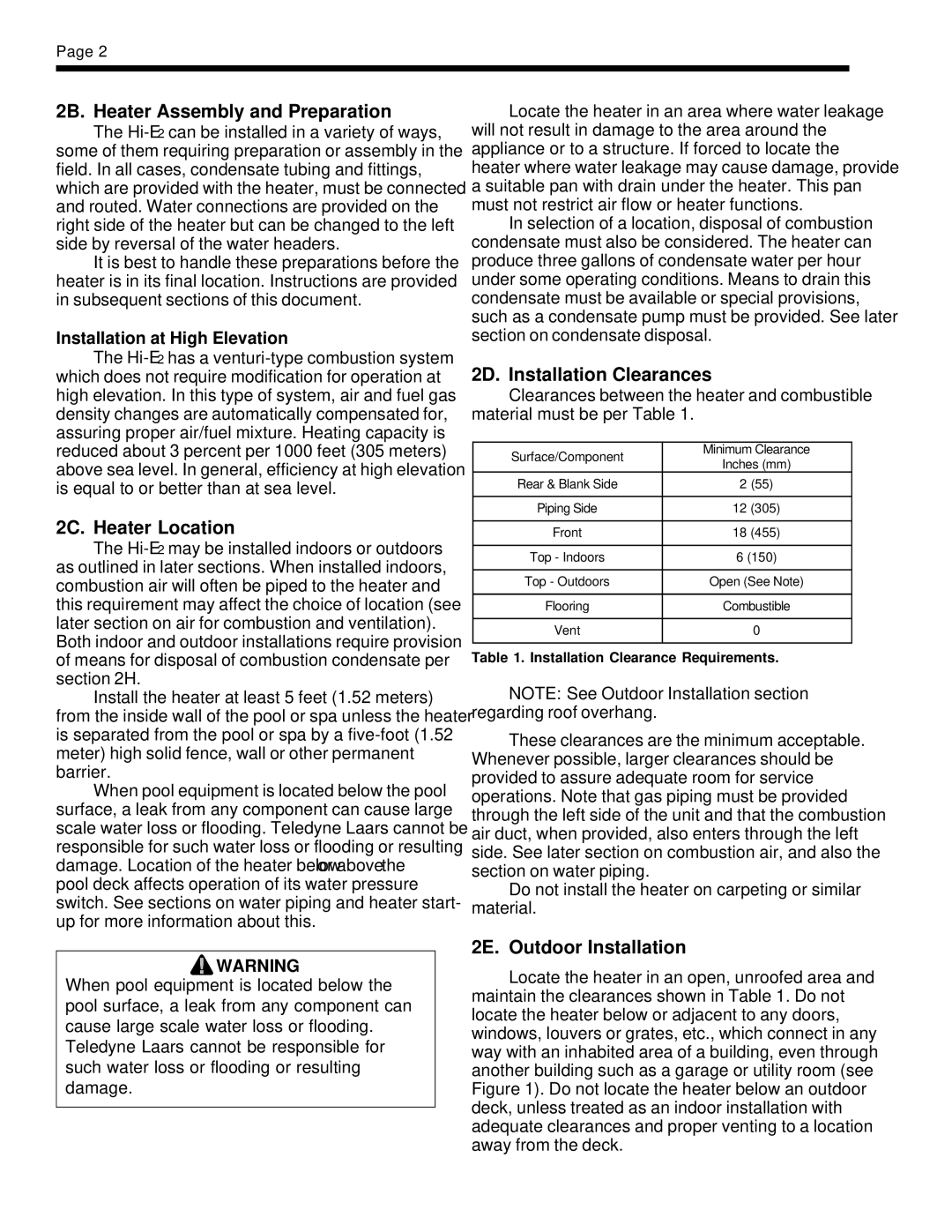 Teledyne EHE warranty 2B. Heater Assembly and Preparation, 2C. Heater Location, 2D. Installation Clearances 