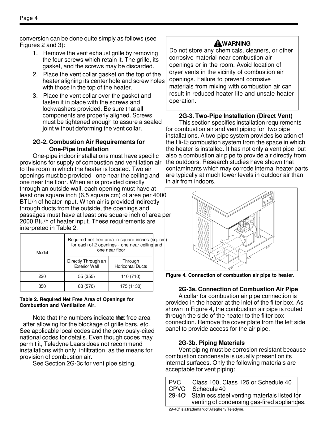 Teledyne EHE warranty 2G-2. Combustion Air Requirements for One-Pipe Installation, 2G-3. Two-Pipe Installation Direct Vent 